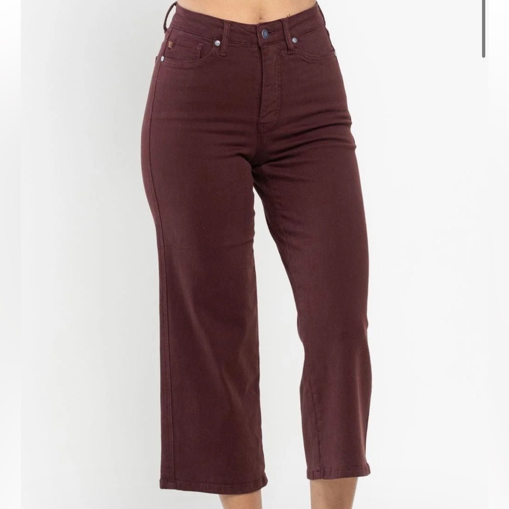 Judy Blue High Waist Tummy Control Garment Dyed Wide Leg Crop Oxblood Jeans 14W
